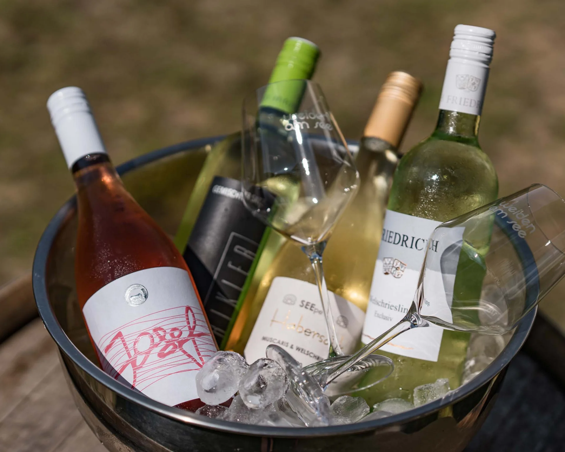 Fünf Flaschen Wein in einem Eiskübel mit zwei leeren Weingläsern