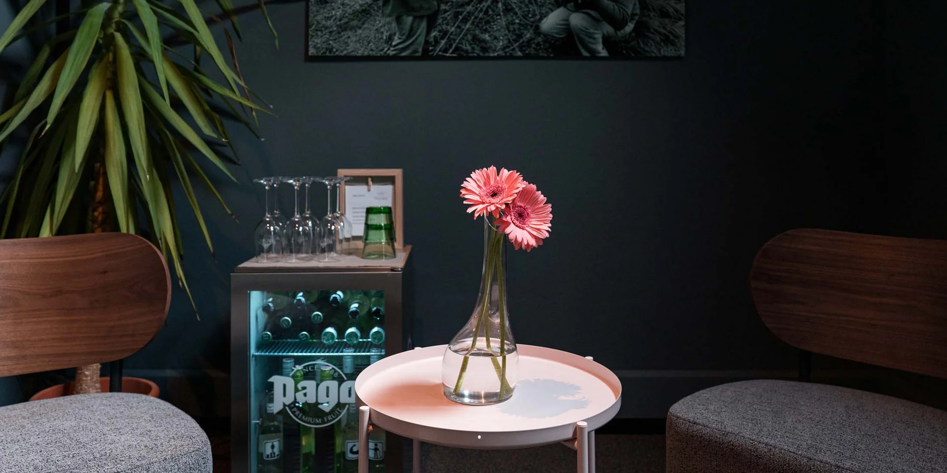 Zwei pinke Blumen in Vase auf kleinem weißen Tisch zwischen zwei Sesseln