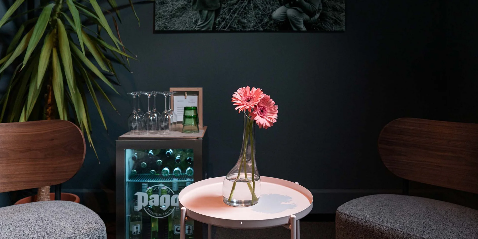 Zwei pinke Blumen in Vase auf kleinem weißen Tisch zwischen zwei Sesseln