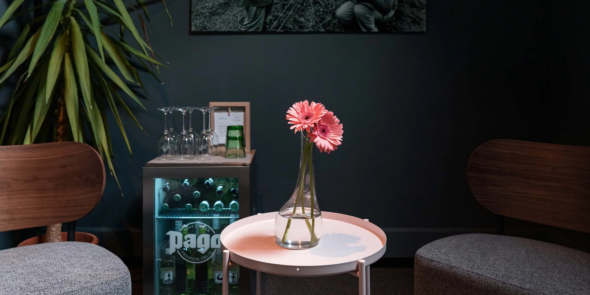 Zwei pinke Blumen in Vase auf kleinem weißen Tisch zwischen zwei Sesseln