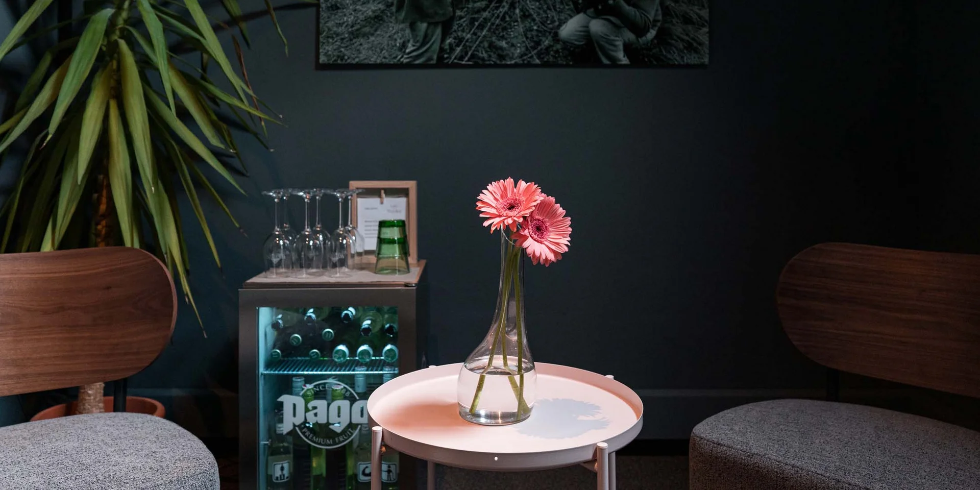 Zwei pinke Blumen in Vase auf kleinem weißen Tisch zwischen zwei Sesseln