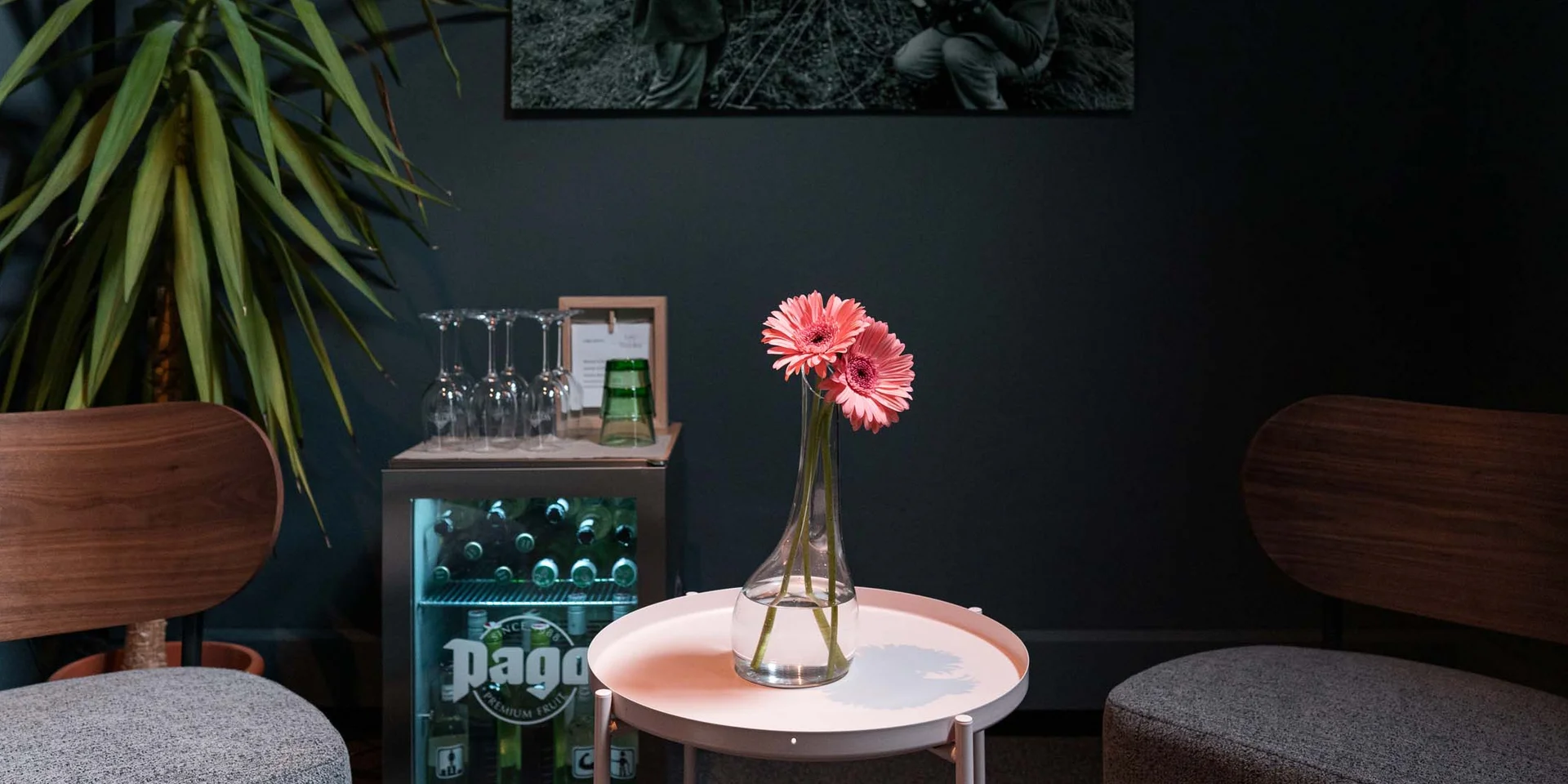 Zwei pinke Blumen in Vase auf kleinem weißen Tisch zwischen zwei Sesseln