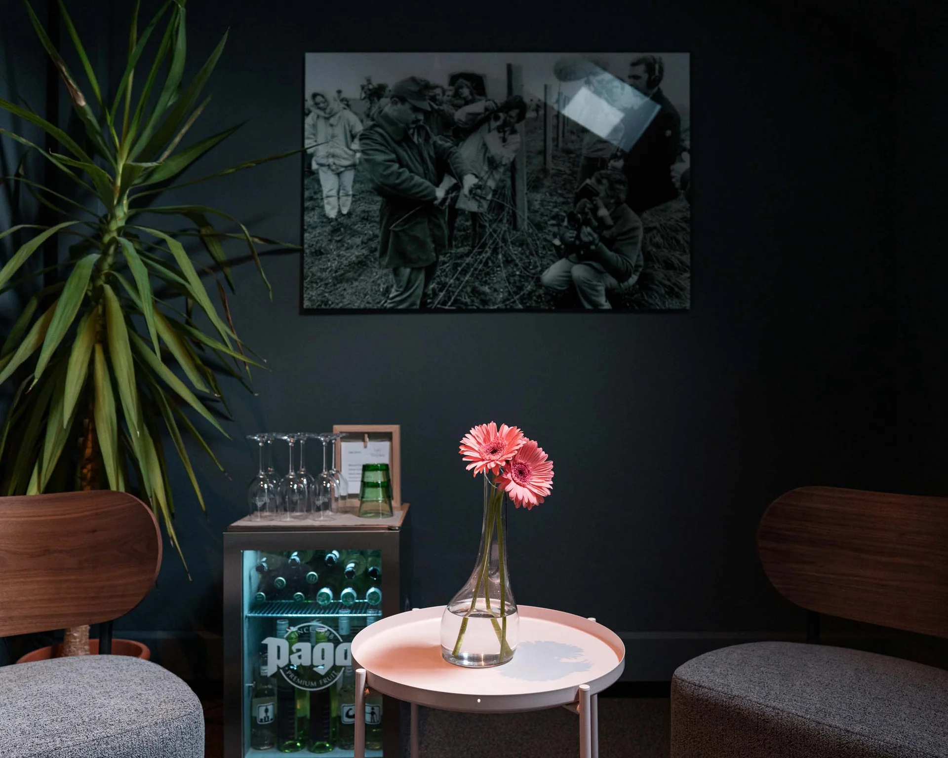 Gemütliche Ecke mit zwei Stühlen, Tisch, Vase mit Blumen und Pflanzen in dunklem Raum